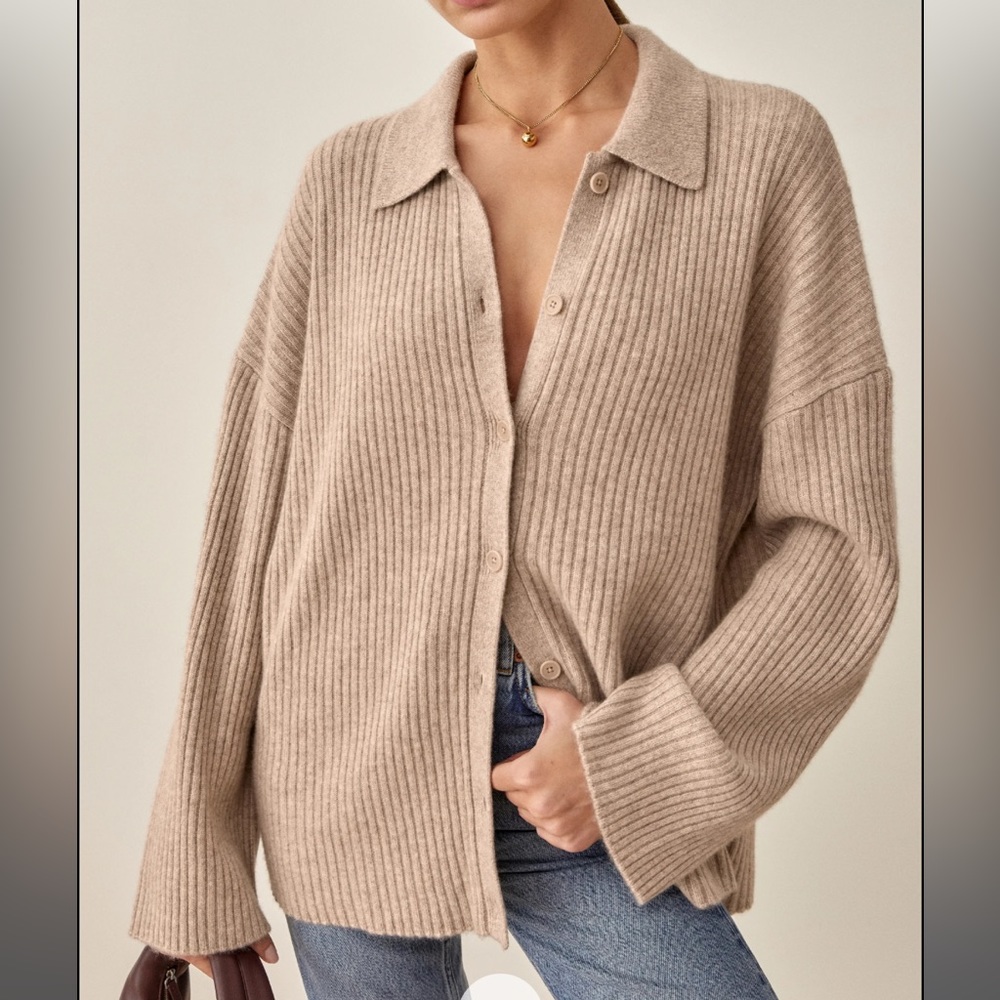 Reformation Beige Ribbed Button-Up Cardigan